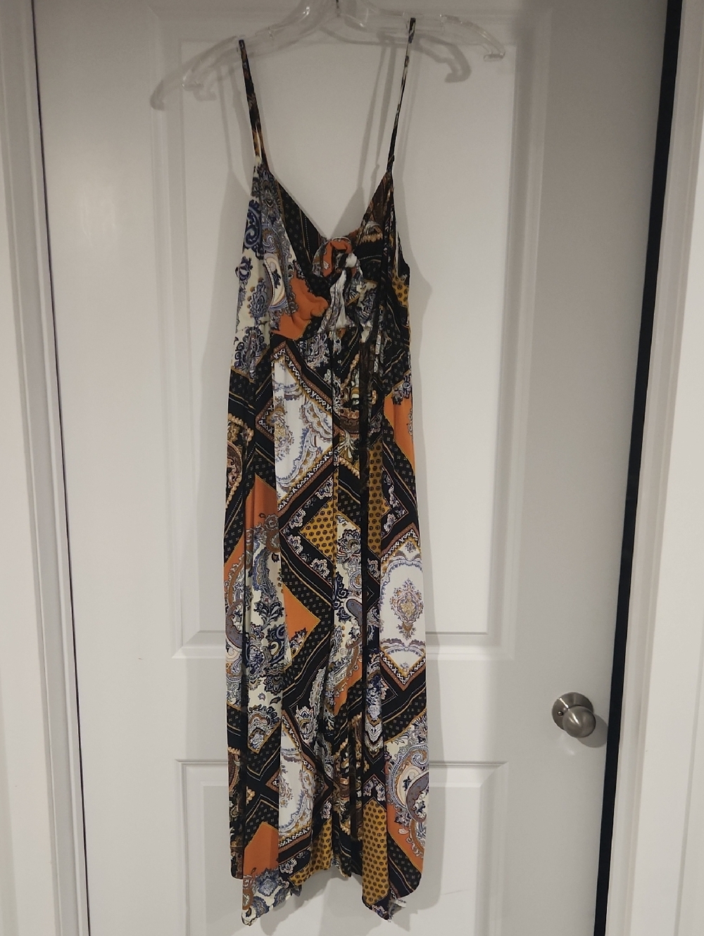 Tie-Front Spaghetti Strap Maxi Dress in Orange & Black Paisley